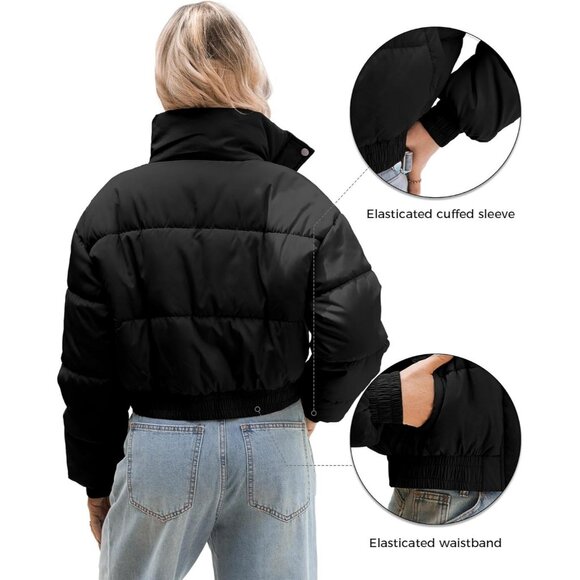 Women’s Cropped Jacket Puffer Jackets Long Sleeve Stand Collar Zipper Coat Black - Picture 3 of 5